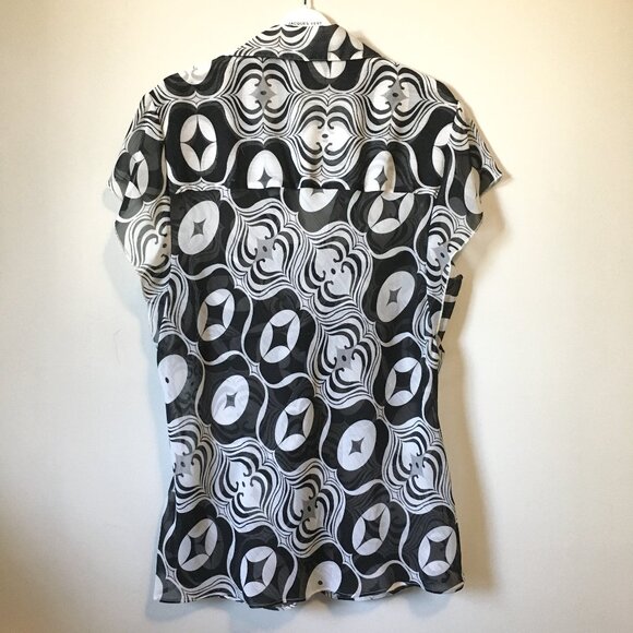 Vintage Monochrome Retro Ogee Cap Sleeve Twist Empress Waist Sheer Chiffon Top - Picture 2 of 16